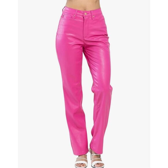 JUDY BLUE Tummy Control Faux Leather Pants Hot Pink Size 20W Straight NWT New - Picture 1 of 16